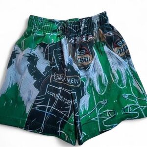 Brave Green and Black Athletic Shorts with Artistic Print